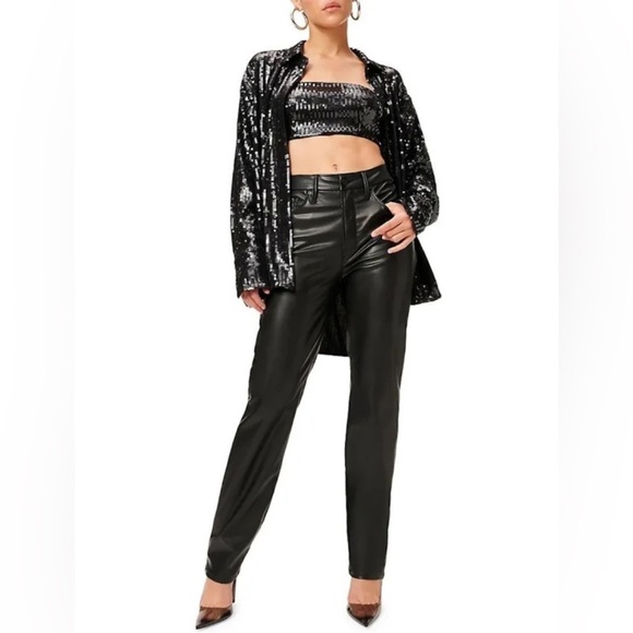 GOOD AMERICAN Sequin Collared Party Jacket Blouse Size 5 NWT Black $129 Sold Out - Picture 5 of 17